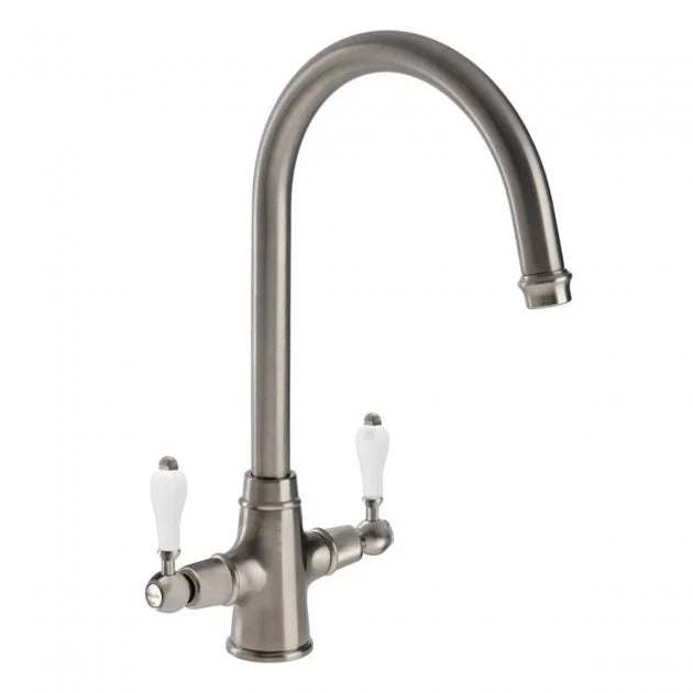 Abode Ludlow Monobloc brushed nickel dual lever kitchen mixer tap with curved spout and durable design