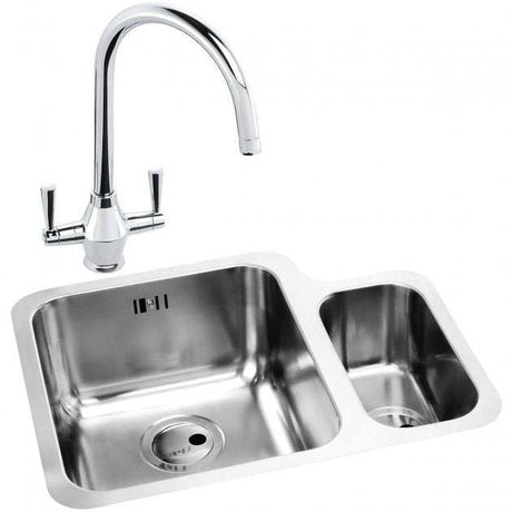 Abode Matrix 1.5 LH stainless steel kitchen sink with dual-handle Astral tap and two bowls 572mm x 450mm