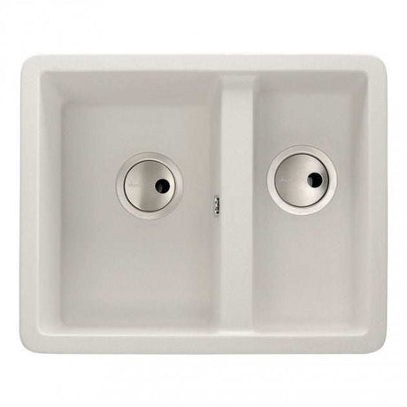 Abode Matrix SQ GR15 1.5 bowl white granite inset kitchen sink with two stainless steel drains, 560mm by 460mm dimensions