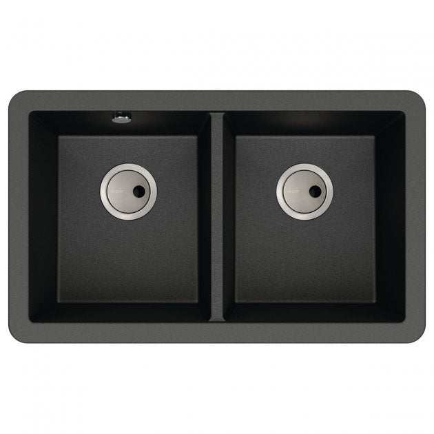 Abode Matrix SQ black metallic granite undermount 2-bowl kitchen sink with 758mm length and 460mm width