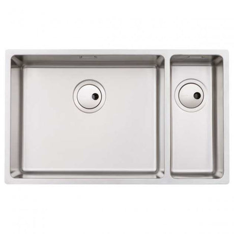 Abode Matrix R15 left-handed stainless steel undermount kitchen sink with one large and one small bowl, 740mm by 440mm