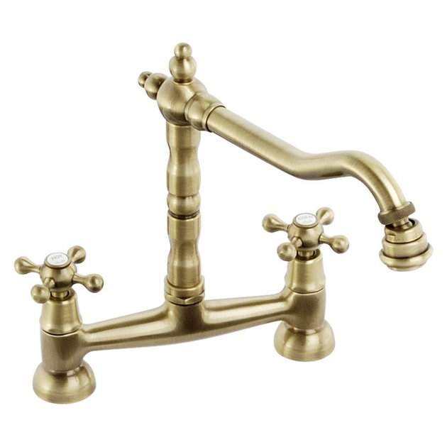 Abode Melford Traditional Bridge Antique Brass Dual Handle Kitchen Sink Mixer Tap
