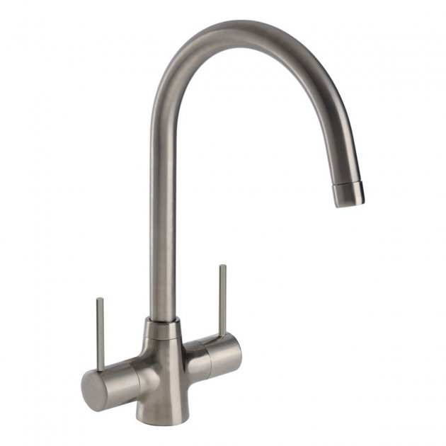 Abode Nexa Monobloc brushed nickel dual lever kitchen sink mixer tap with high-arc spout and modern design