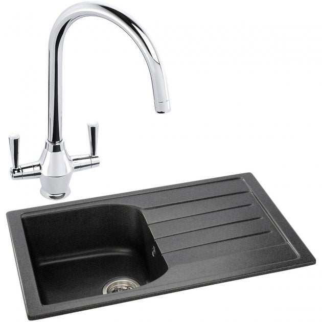 Abode Oriel 1.0 Bowl black granite inset kitchen sink with dual-handle chrome Astral tap and drainer board