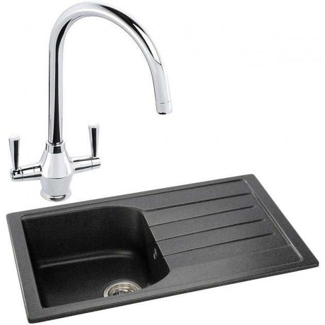 Abode Oriel 1.0 Bowl black granite inset kitchen sink with dual-handle chrome Astral tap and drainer board