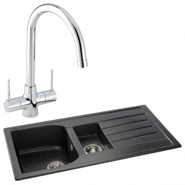 Abode Oriel 1.5 bowl granite inset kitchen sink with chrome Nexa mixer tap, 950mm x 480mm.