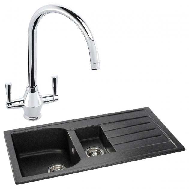 Abode Oriel 1.5 Bowl black granite inset kitchen sink with dual-handle chrome Astral tap, 950mm by 480mm.