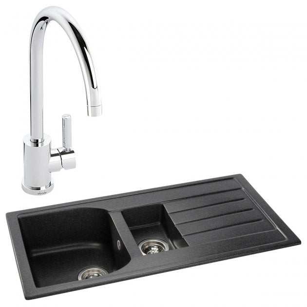 Abode Oriel 1.5 Bowl granite black inset kitchen sink with chrome Atlas mixer tap, 950mm x 480mm
