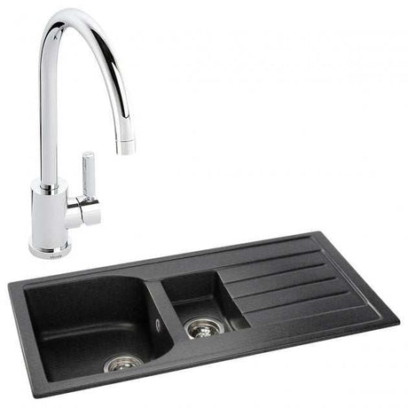 Abode Oriel 1.5 Bowl granite black inset kitchen sink with chrome Atlas mixer tap, 950mm x 480mm