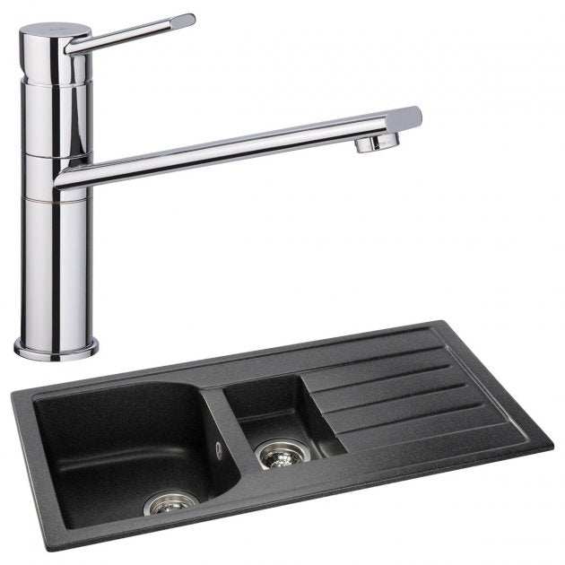 Abode Oriel 1.5 Bowl black granite inset kitchen sink with chrome Specto sink tap