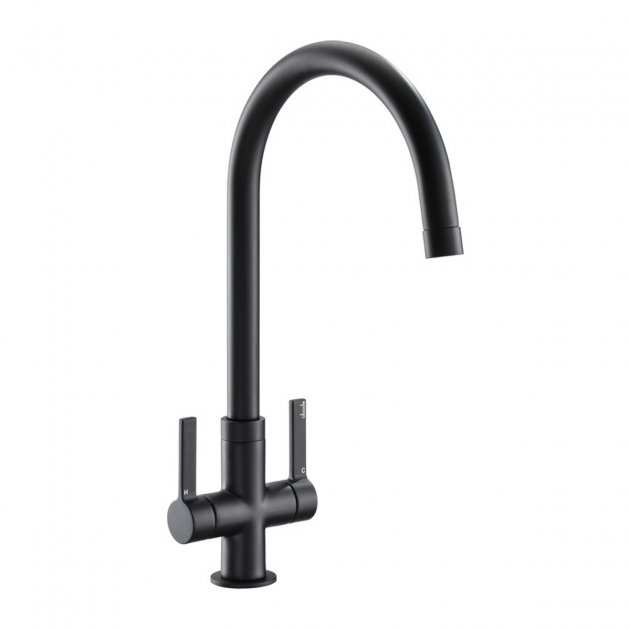 Abode Pico Monobloc Dual Lever matt black kitchen sink mixer tap with curved spout and dual handles