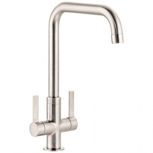 Abode Pico Quad brushed nickel kitchen sink mixer tap with dual lever handles and modern durable design
