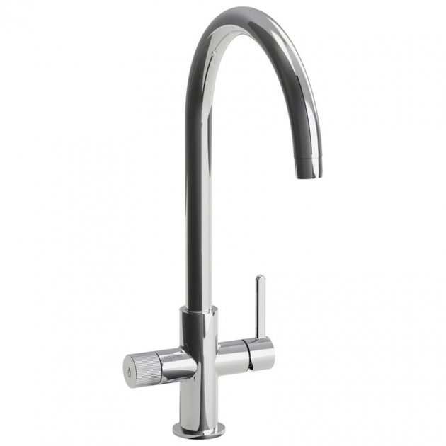 Abode Puria Aquifier chrome kitchen sink mixer tap with sleek curved spout and dual lever design