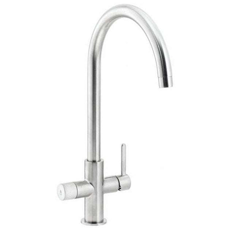 Abode Puria Aquifier brushed nickel kitchen sink mixer tap with high-arc spout and dual handles