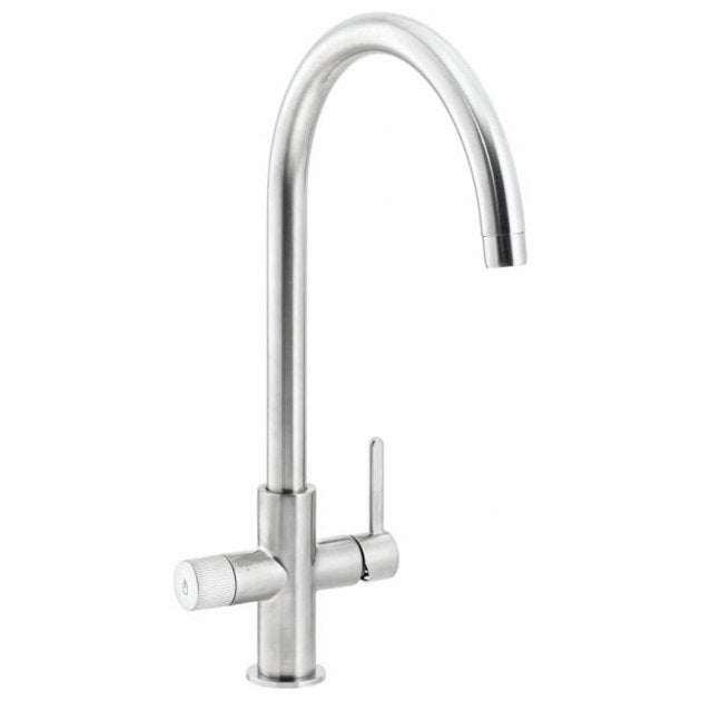 Abode Puria Aquifier brushed nickel kitchen sink mixer tap with high-arc spout and dual handles