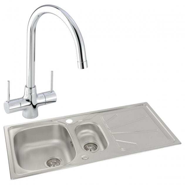 Abode Trydent 1.5 Bowl stainless steel inset kitchen sink with dual-handle Nexa tap and drainer board
