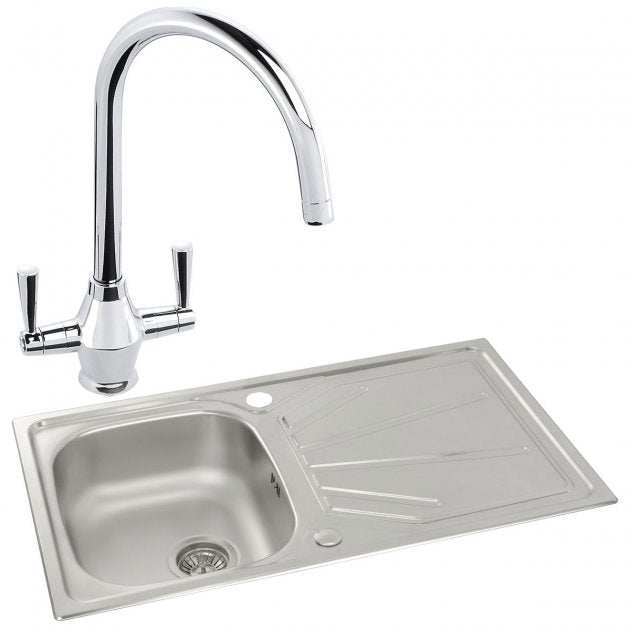 Abode Trydent 1.0 Bowl stainless steel inset kitchen sink with dual-handle Astral sink tap, 860mm by 500mm.