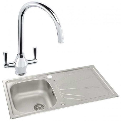 Abode Trydent 1.0 Bowl stainless steel inset kitchen sink with dual-handle Astral sink tap, 860mm by 500mm.