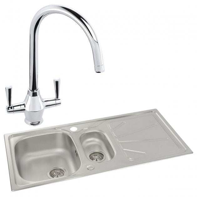 Abode Trydent 1.5 bowl stainless steel inset kitchen sink with dual-handle Astral sink tap and modern finish