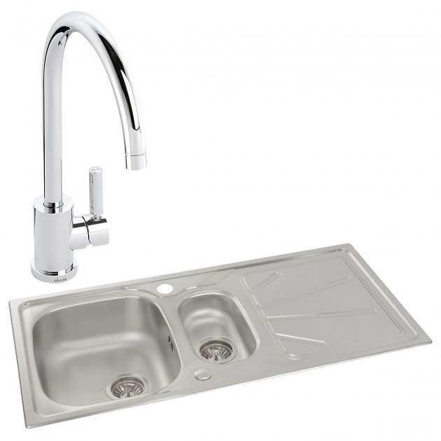 Abode Trydent 1.5 bowl stainless steel inset kitchen sink with chrome Atlas mixer tap and drainer board