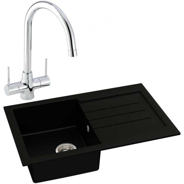 Abode Xcite 1.0 Bowl black metallic granite kitchen sink with chrome Nexa tap 780mm by 500mm