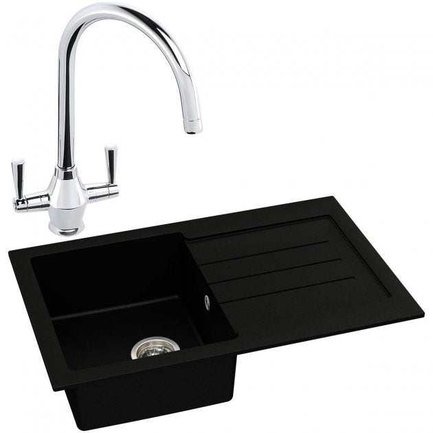 Abode Xcite 1.0 Bowl black metallic granite kitchen sink with chrome Astral tap and drainer board