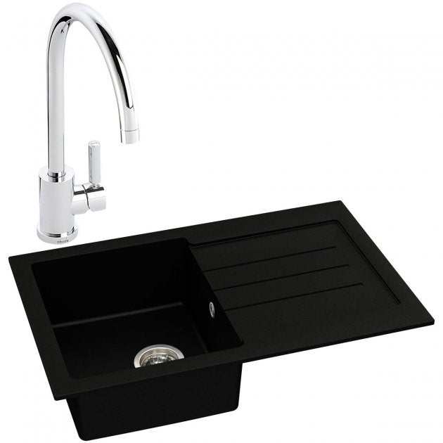 Abode Xcite 1.0 Bowl black metallic granite kitchen sink with chrome Atlas tap, 780mm x 500mm, single lever mixer