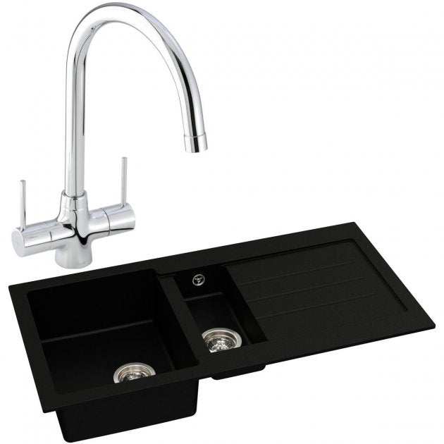 Abode Xcite 1.5 bowl black metallic granite kitchen sink with chrome Nexa sink tap and dual handles