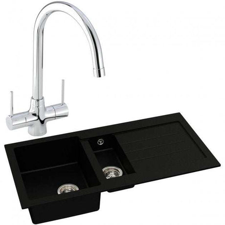 Abode Xcite 1.5 bowl black metallic granite kitchen sink with chrome Nexa sink tap and dual handles