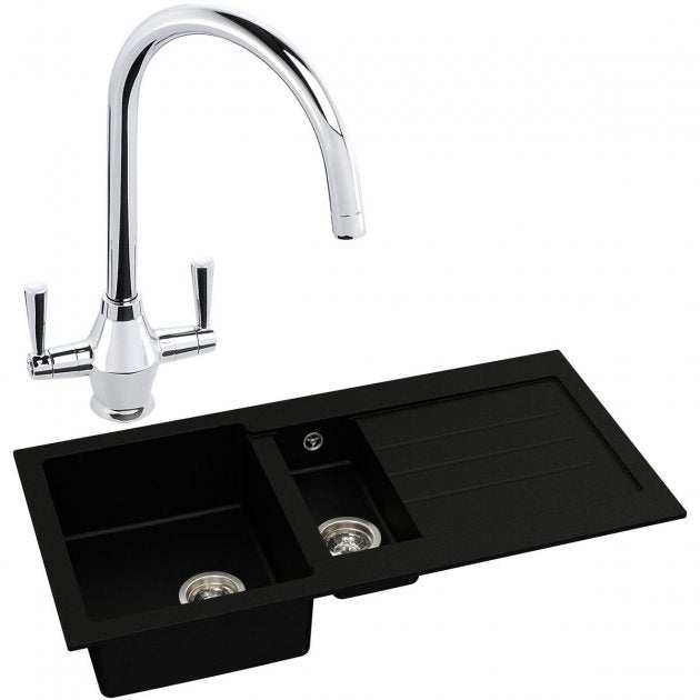 Abode Xcite 1.5 Bowl black metallic granite kitchen sink with dual-handle chrome Astral tap and 1000mm x 500mm dimensions