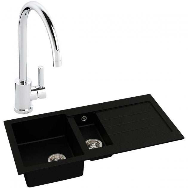 Abode Xcite 1.5 bowl black metallic granite kitchen sink with chrome Atlas sink tap and drainer