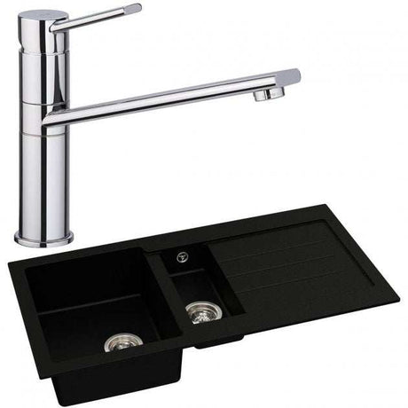 Abode Xcite 1.5 bowl black metallic granite kitchen sink with chrome Specto sink tap and drainer board