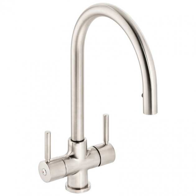Abode Zest Monobloc brushed nickel pull out kitchen sink mixer tap with dual handles and modern design