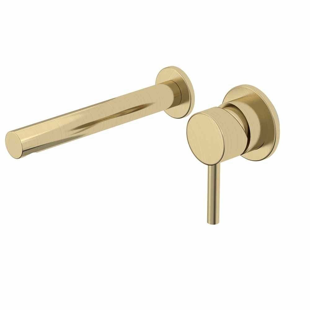 Tavistock Anthem wall mounted basin mixer in brushed brass finish with single lever handle