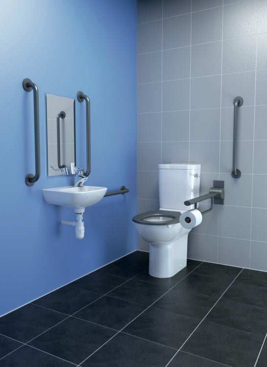 Armitage Shanks Contour 21 white raised height close coupled toilet pan in accessible bathroom setup
