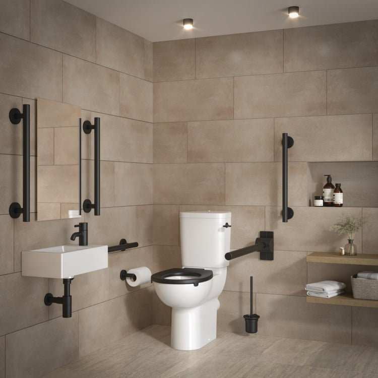Armitage Shanks Contour 21 raised height white close coupled toilet pan in modern bathroom setting