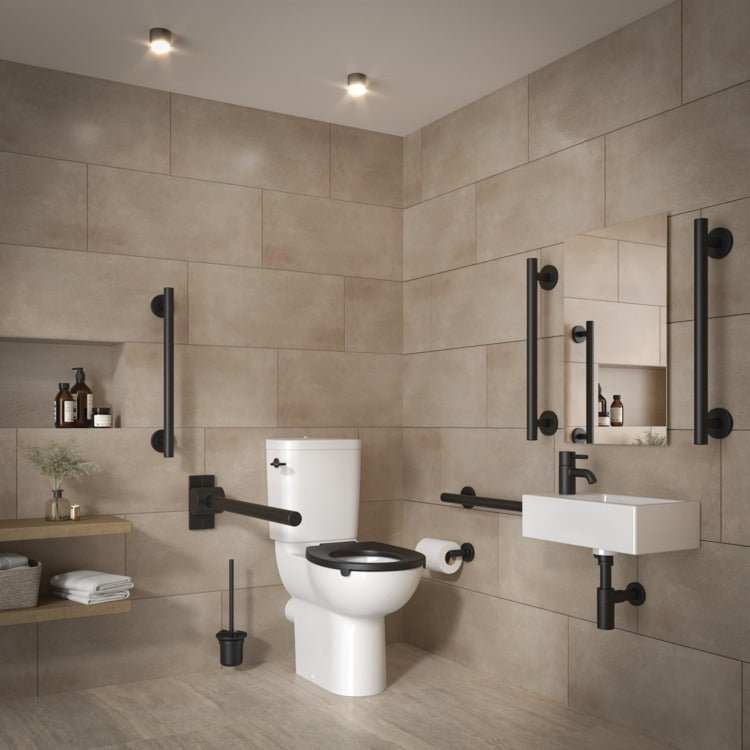 Armitage Shanks Contour 21 raised height white close coupled toilet pan in modern bathroom