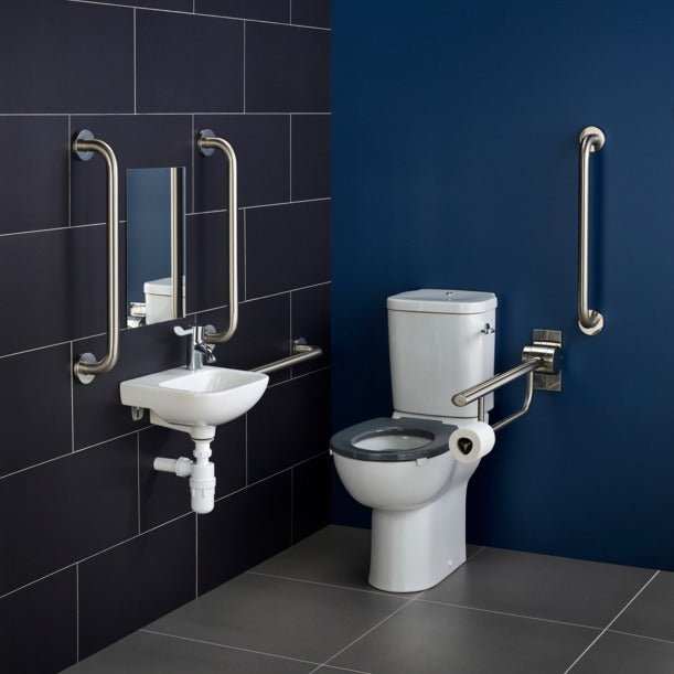 Armitage Shanks Doc M Pack Contour 21+ left hand close coupled stainless steel accessible toilet and basin with safety grab bars