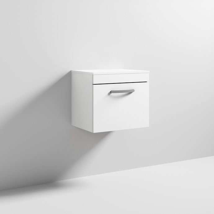 Nuie 1 - Drawer Athena Wall Hung Vanity Unit and Worktop 500mm Wide - Gloss White - ATH013W - TAP 'N' SHOWER