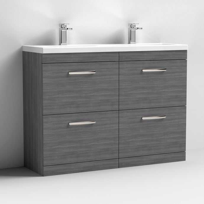 Nuie Athena 4 - Drawer Floor Standing Vanity Unit with Double Ceramic Basin 1200mm Wide - Brown Grey Avola - ATH032F - TAP 'N' SHOWER