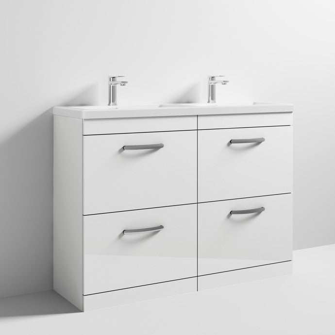 Nuie Athena 4 - Drawer Floor Standing Vanity Unit with Double Ceramic Basin 1200mm Wide - Gloss White - ATH034F - TAP 'N' SHOWER