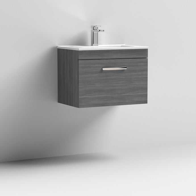 Nuie 1 - Drawer Athena Wall Hung Vanity Unit with Basin - 2 600mm Wide - Brown Grey Avola - ATH039B - TAP 'N' SHOWER