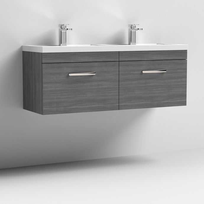 Nuie 2 - Drawer Athena Wall Hung Vanity Unit with Double Basin 1200mm Wide - Brown Grey Avola - ATH039C - TAP 'N' SHOWER