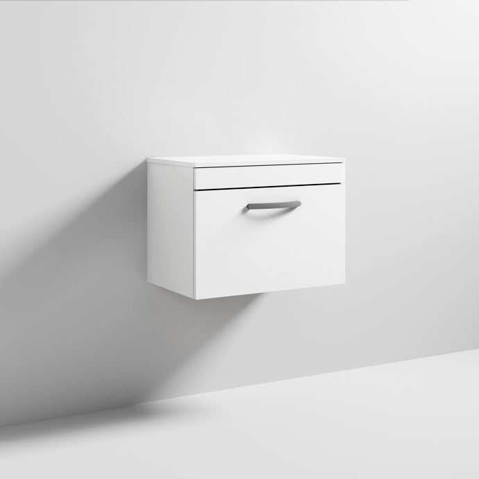 Nuie 1 - Drawer Athena Wall Hung Vanity Unit and Worktop 600mm Wide - Gloss White - ATH041W - TAP 'N' SHOWER
