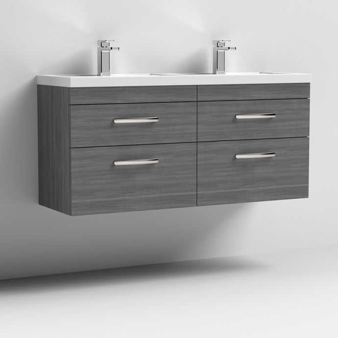 Nuie 4 - Drawer Athena Wall Hung Vanity Unit with Double Basin 1200mm Wide - Brown Grey Avola - ATH046C - TAP 'N' SHOWER