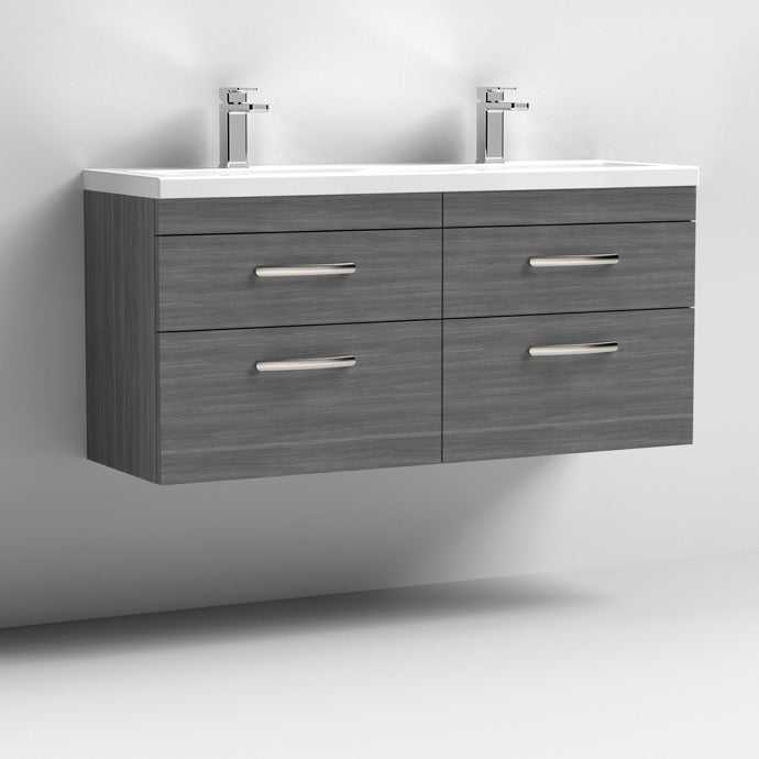 Nuie Athena 4 - Drawer Wall Hung Vanity Unit with Double Ceramic Basin 1200mm Wide - Brown Grey Avola - ATH046F - TAP 'N' SHOWER