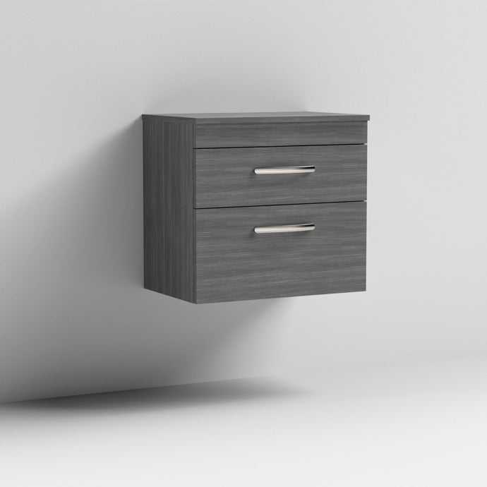 Nuie 2-Drawer Athena wall hung vanity unit in brown grey Avola with two spacious drawers and modern handles