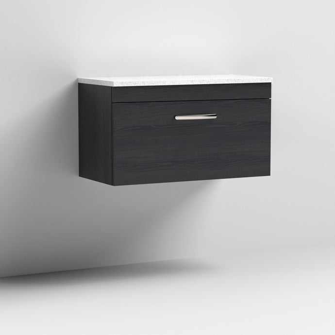 Nuie Athena 1 - Drawer Wall Hung Vanity Unit with Sparkling White Worktop 800mm Wide - Hacienda Black - ATH061LSW - TAP 'N' SHOWER