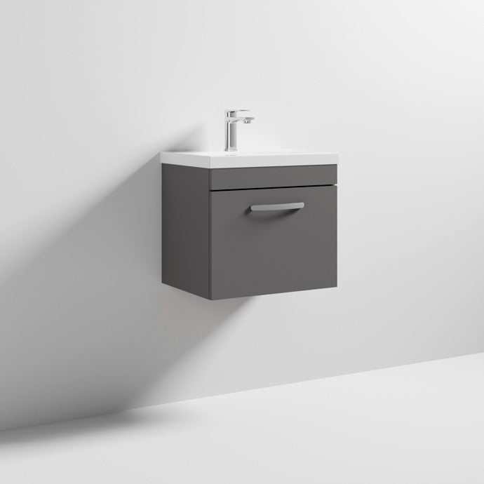 Nuie 1 - Drawer Athena Wall Hung Vanity Unit with Basin - 1 500mm Wide - Gloss Grey - ATH073A - TAP 'N' SHOWER