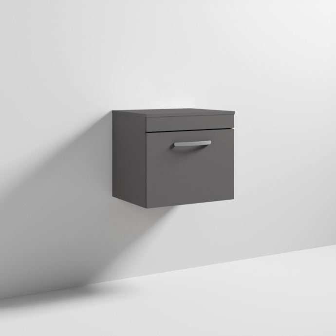 Nuie 1 - Drawer Athena Wall Hung Vanity Unit and Worktop 500mm Wide - Gloss Grey - ATH073W - TAP 'N' SHOWER